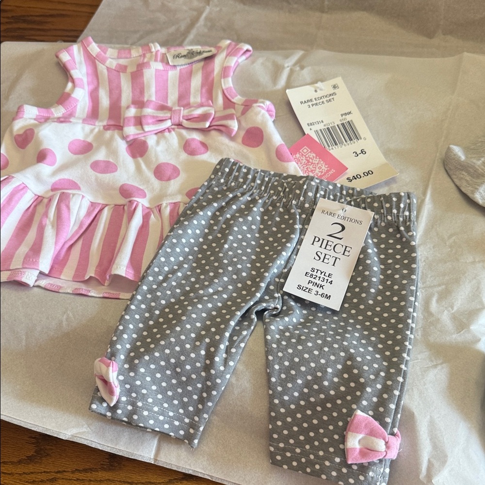 Rare Editions Pink and Gray Striped and Polka Dot Set NWT 3-6 months